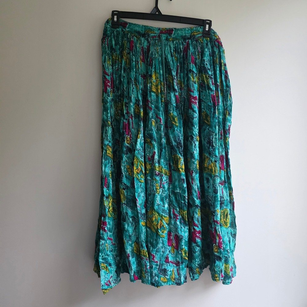 Silver Stream Teal Cotton Gauze Boho Maxi‎ Skirt Abstract Print 90s Y2K Bells OS
